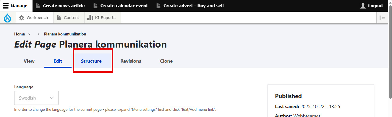 En skärmdump som visar var redaktörer hittar en viss funktion i Drupal