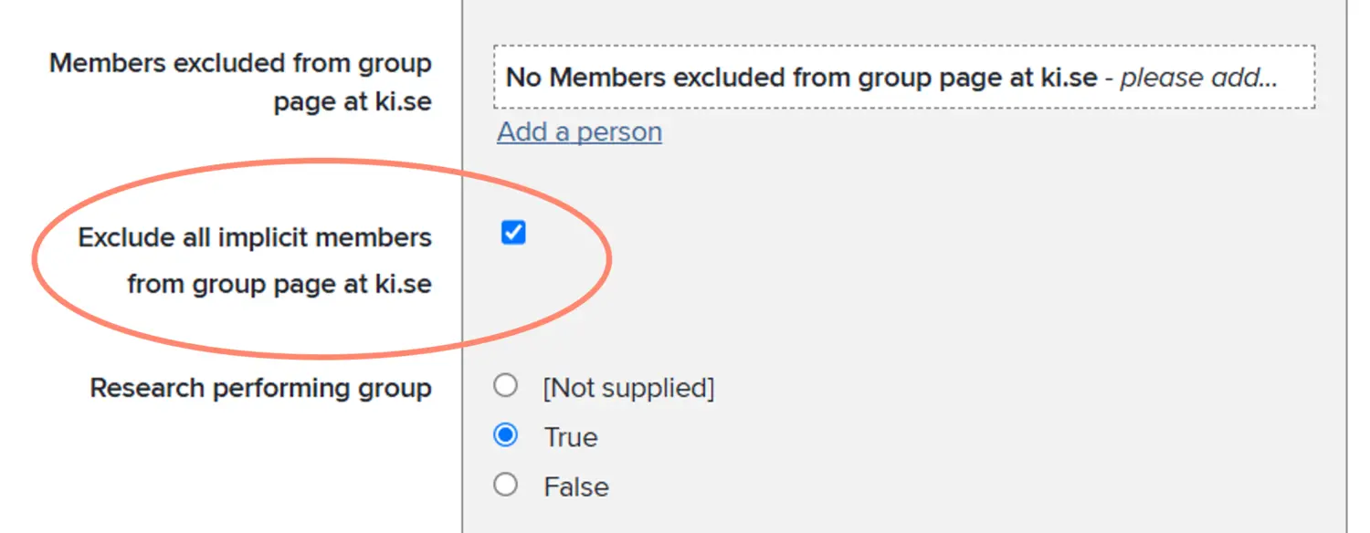 Skärmdump av rutan Exclude all implicit members from group page at ki.se i KI RIMS