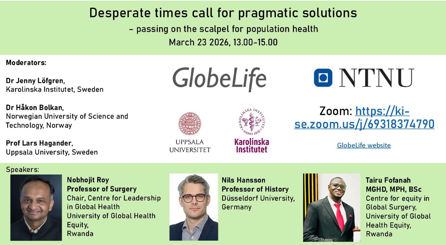 Annons med bild på talarna vid GlobeLife seminariet