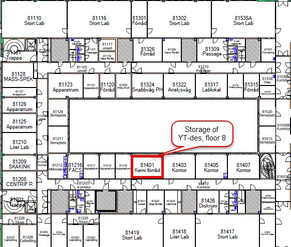 Karta över placering över förvaring ytdesinfektion av i ANA Futura, plan 8.