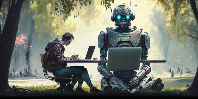 En bild, skapad av Midjourney som visar en student som sitter i en park bredvid en robot. Både skriver på laptop-datorer