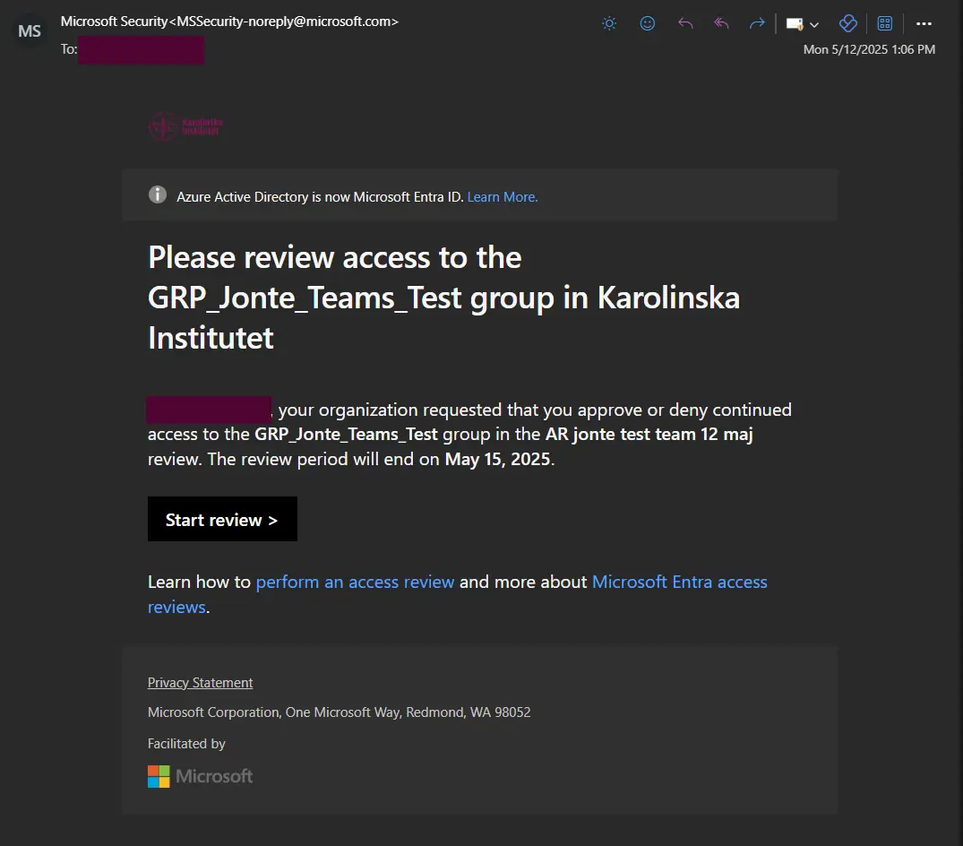 Skärmbild av mejl från Microsoft.