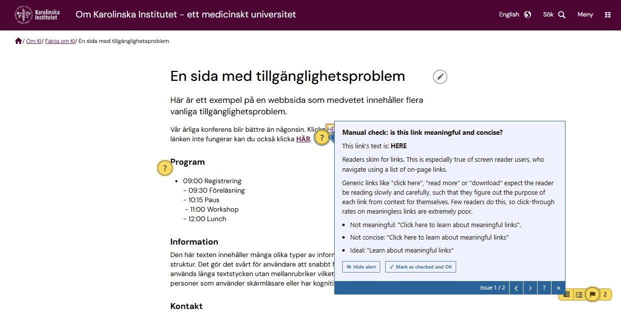 Skärmdump på verktyget Editoria11y