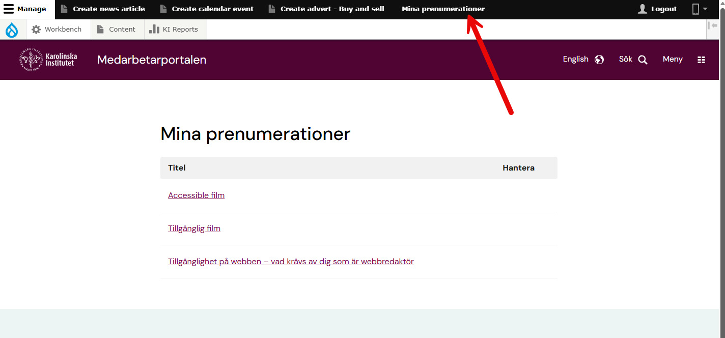 Skärmdump som visar var man hittar prenumerationer som medarbetare.