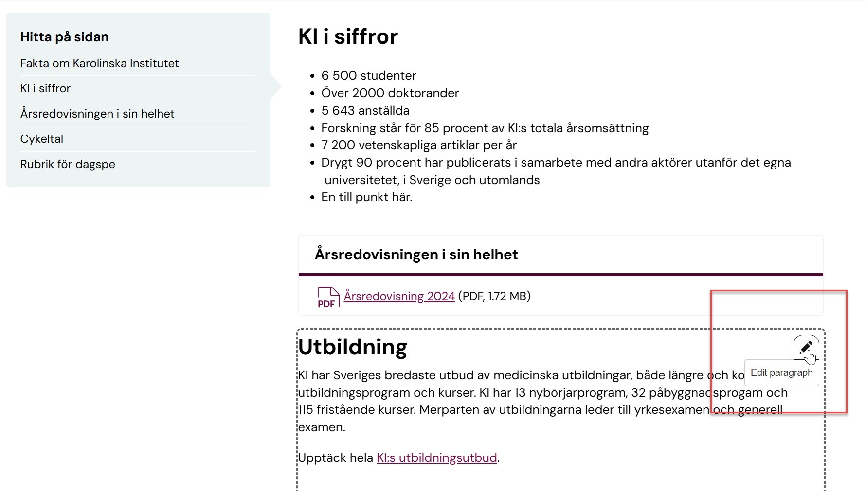Skärmdump som visar hur en redaktör kan redigera ett stycke direkt från sidan.