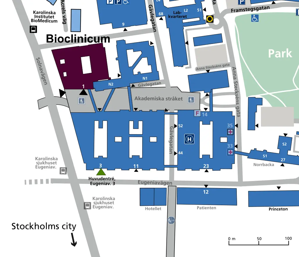 Karta visandes Bioclinicum i Solna.