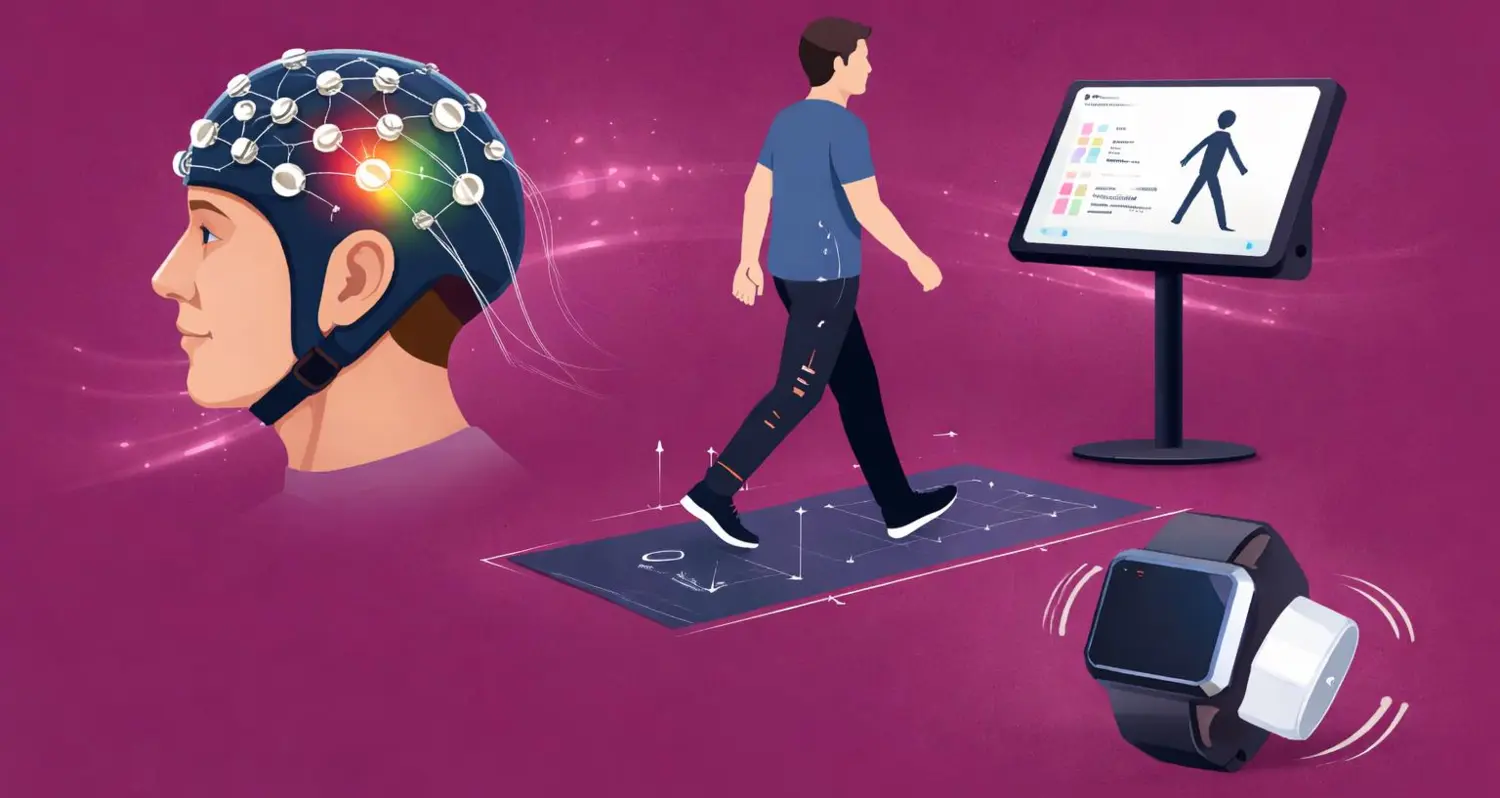 Illustration av bilder på huvud med hjälm som mäter hjärnaktivitet, en person på gångmatta med skärm framför, en smart klocka, vinröd bakgrund.