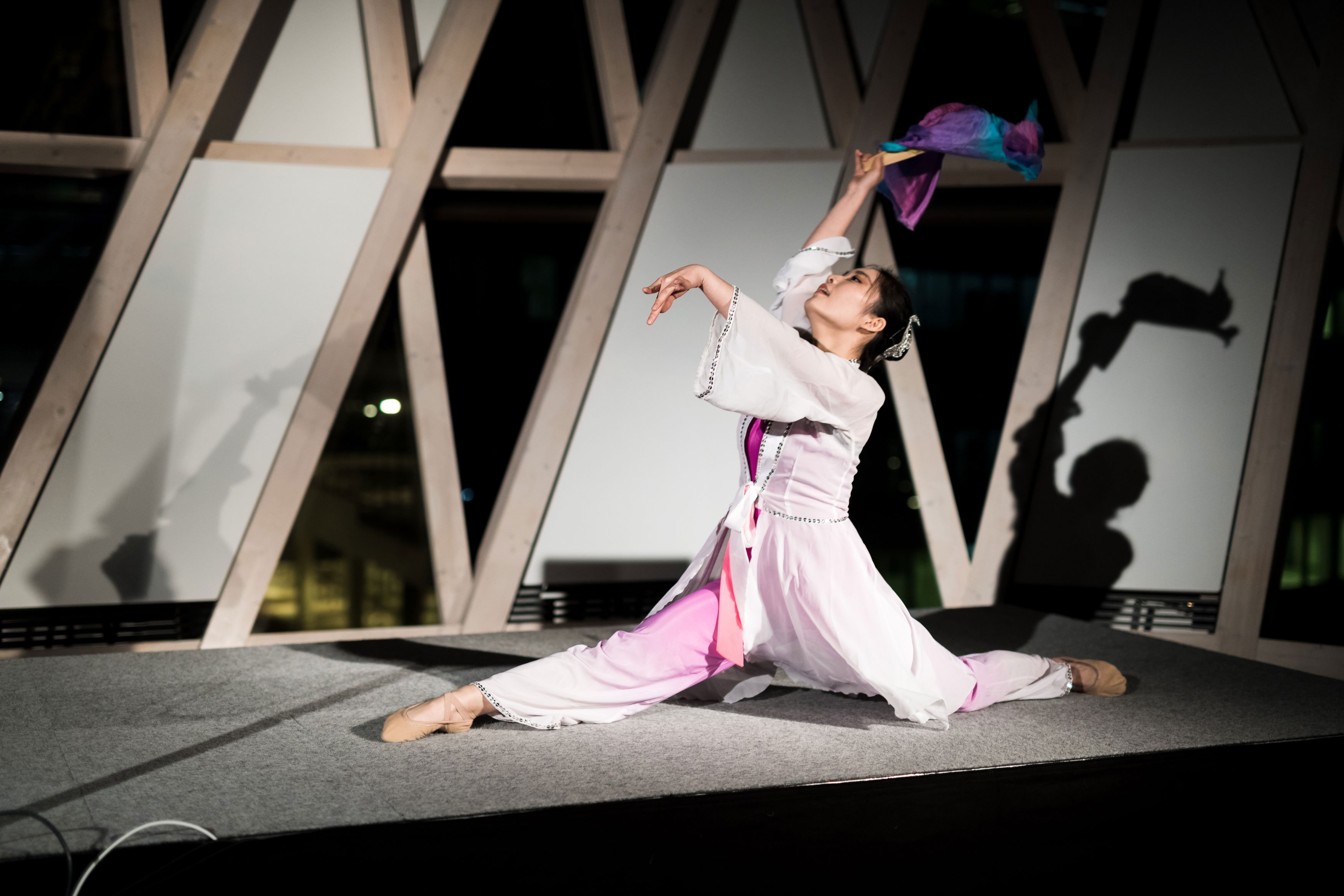 Ruyue Zhang, doktorand på MEB, framför klassisk kinesisk dans, med en rytm av kalligrafi. Foto: Erik Flyg 