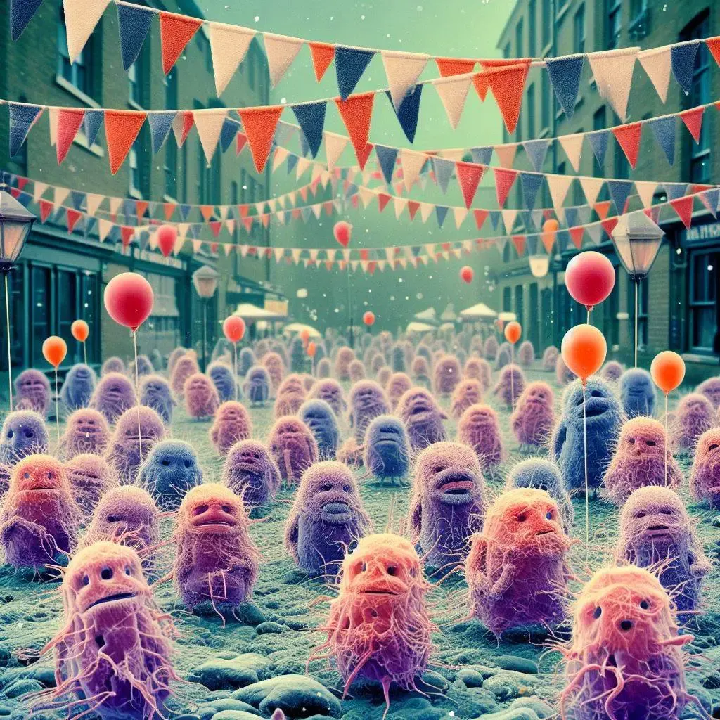 En AI-genererad bild på celler som deltar i en gatufest