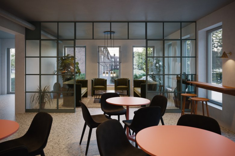 Interiör med stolar och bord och glasvägg i den nya arbetsmiljön A Working Lab Innomedicum.