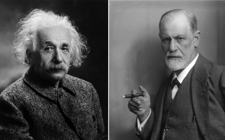 Portraits of Elbert Einstein and Sigmund Freud.