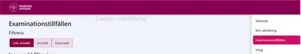 Bild från Ladok som visar hur du anmäler dig till tenta