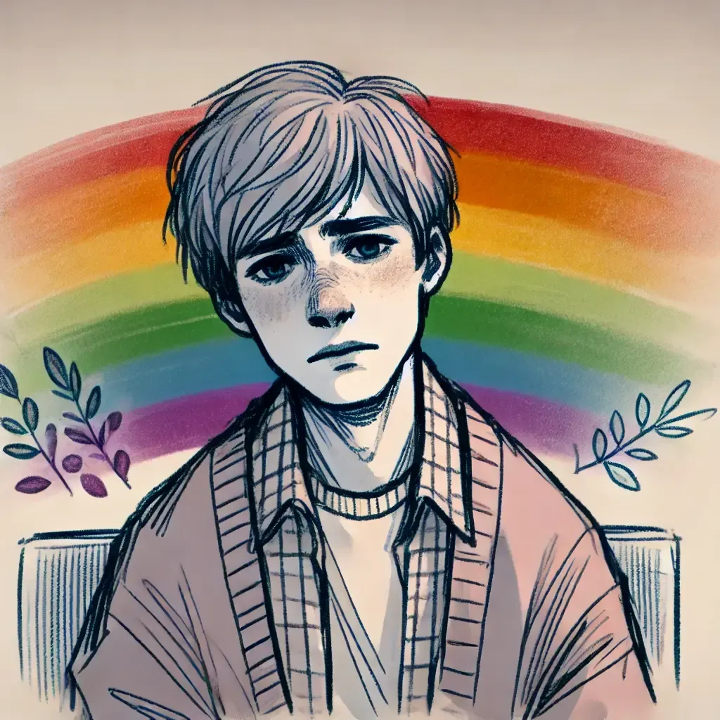 tecknad person framför regnbåge