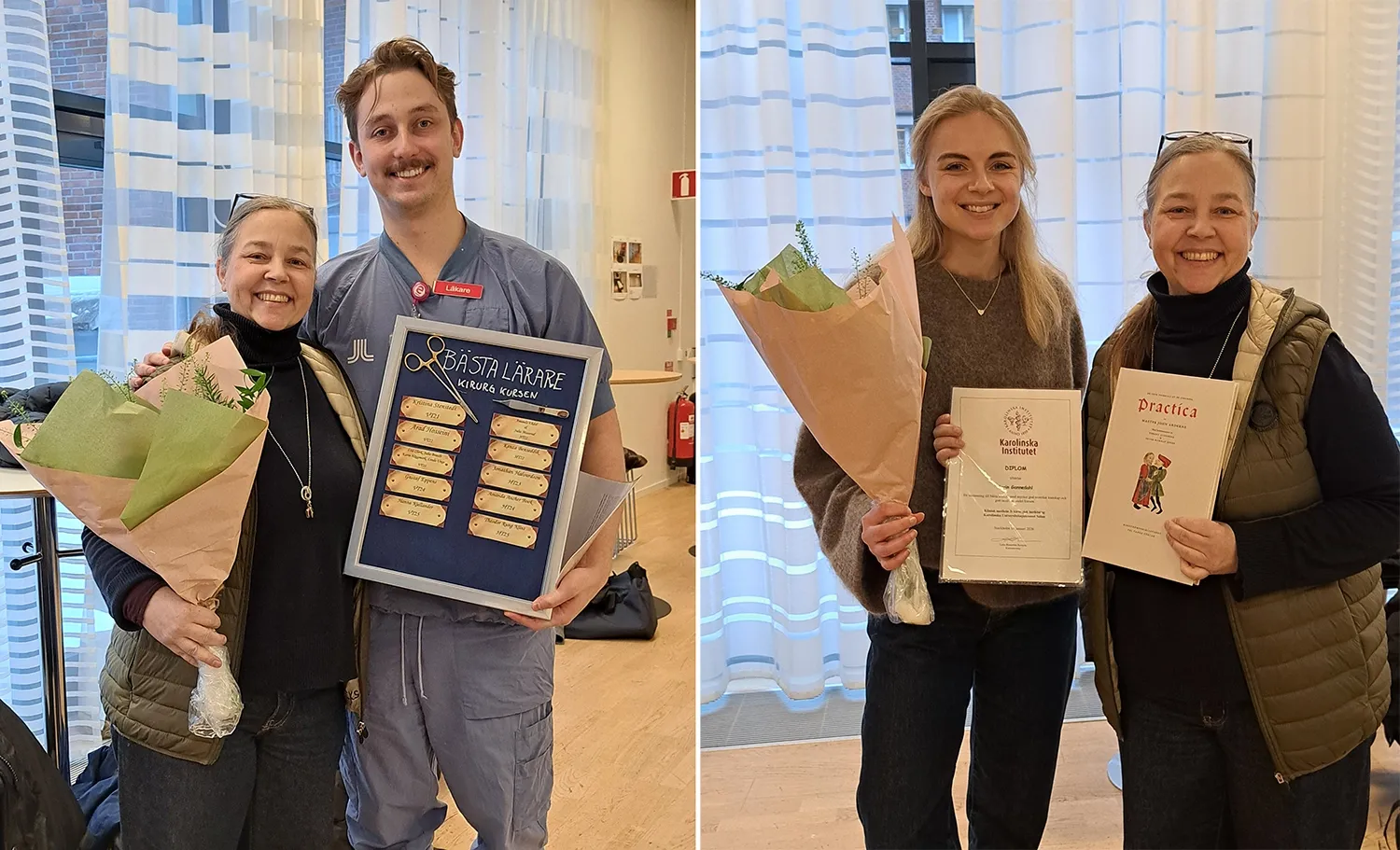 Två bilder på kursledare, lärare och student med blommor och diplom