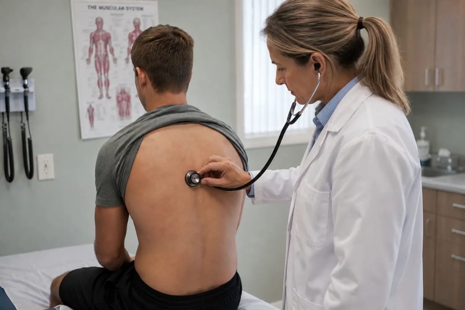 Illustrativ bild där en läkare lyssnar på lungorna på en patient