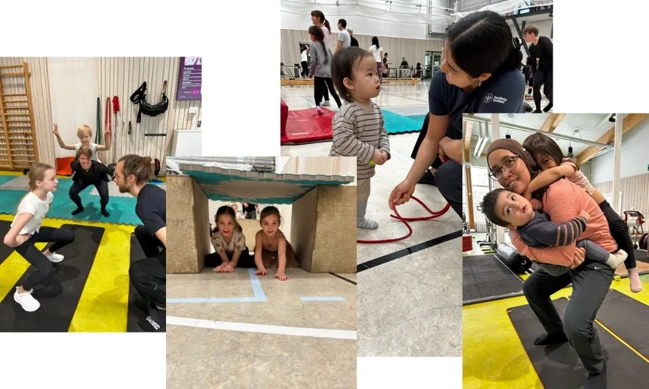 Familjer som rör sig tillsammans i KI's träningslokaler