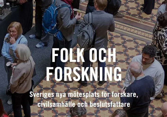 Logotyp för Folk och forskning, en bild på människor som minglar och texten Folk och forskning Sveriges nya mötesplats för forskare, civilsamhälle och beslutsfattare