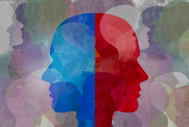 Illustration av ett blått och ett rött huvud med ansiktet ifrån varandra.