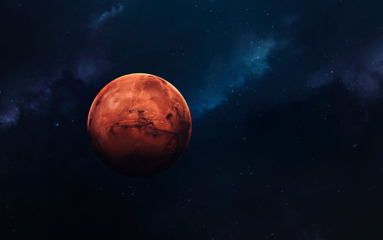Illustration av planeten Mars på avstånd i rymden.