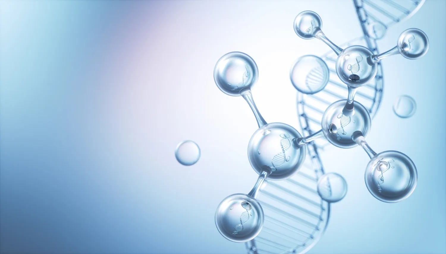 Illustration av molekyl med DNA-helix i bakgrunden.