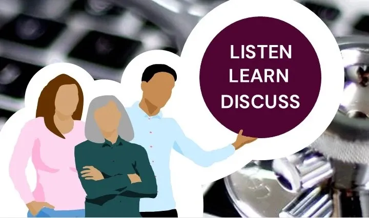 Bild där tre tecknade personer pekar mot texten Listen, Learn, Discuss