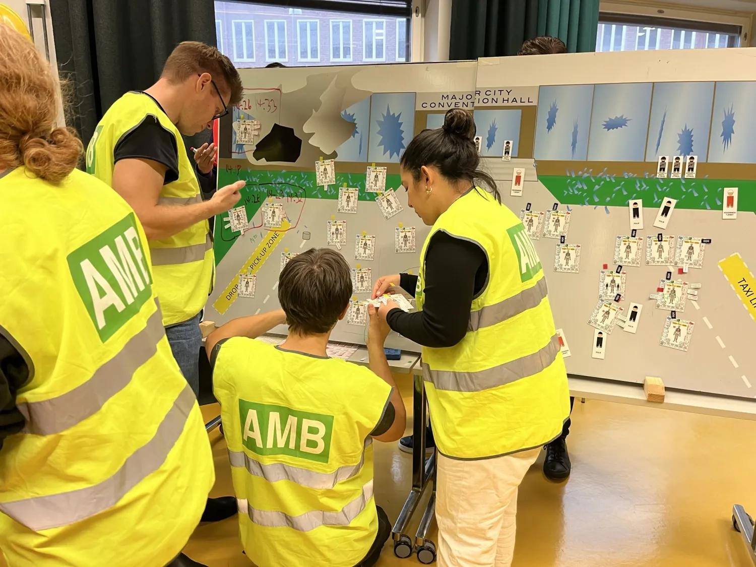 En grupp människor i gula västar står framför en whiteboardtavla