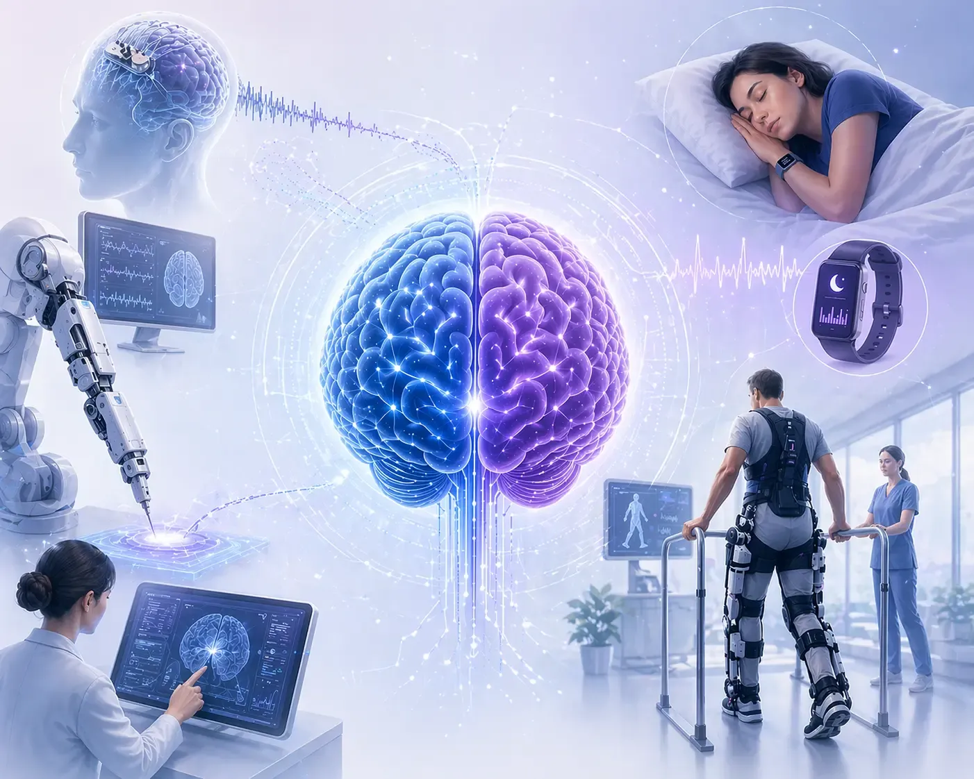 Affisch som visar olika neuroteknologier: bärbara enheter för att övervaka sömn, ett exoskelett för nedre extremiteter och kirurgiska robotar, alla sammanlänkade av en hjärna i mitten.