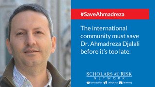 kampanj för underskrift med bild på Ahmadreza Djalali och text