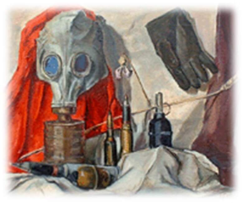 Konstverk med gasmask och annan krigsutrustning