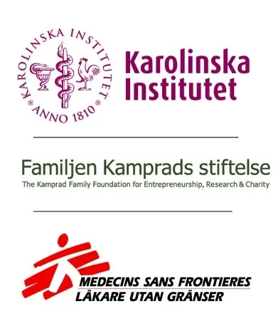 Tre logotyper på vertikal rad. Först Karolinska Institutets, sedan Familjen Kamprads, sedan Läkare utan Gränsers