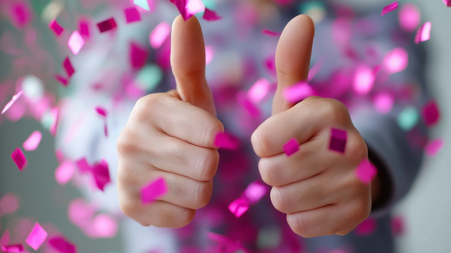 två tummar upp omgivet av konfetti