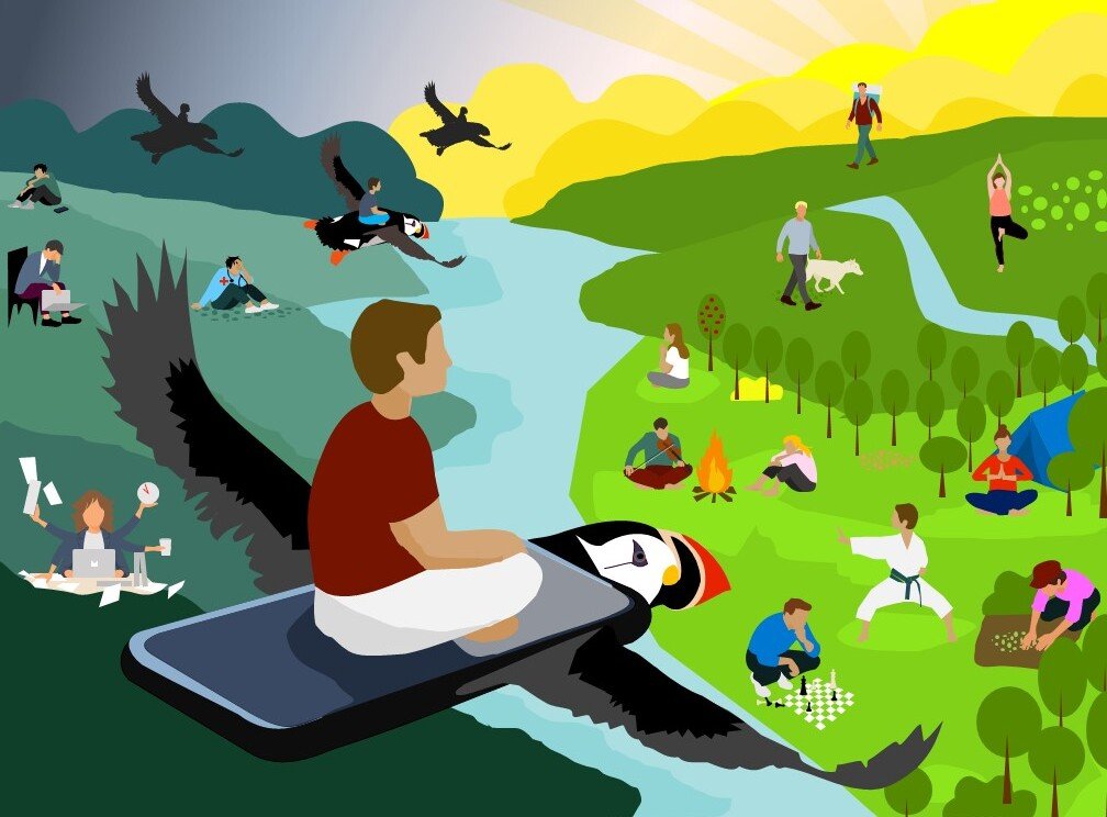 Handritad bild av lunnefågel med man på ryggen som flyger över ett landskap.