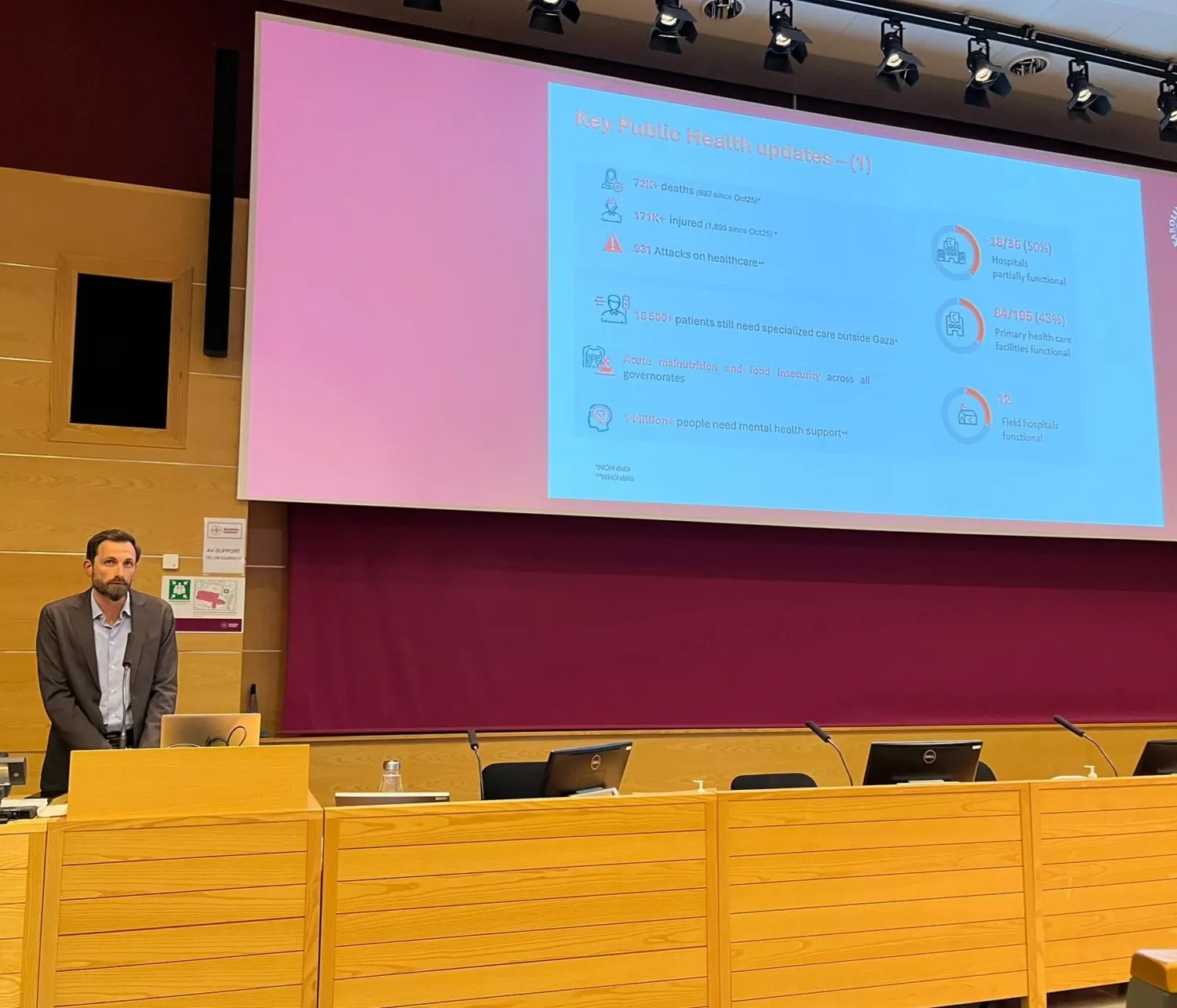 En man står bakom en pulpet, i bakgrunden syns en skärm med en powerpoint presentation på