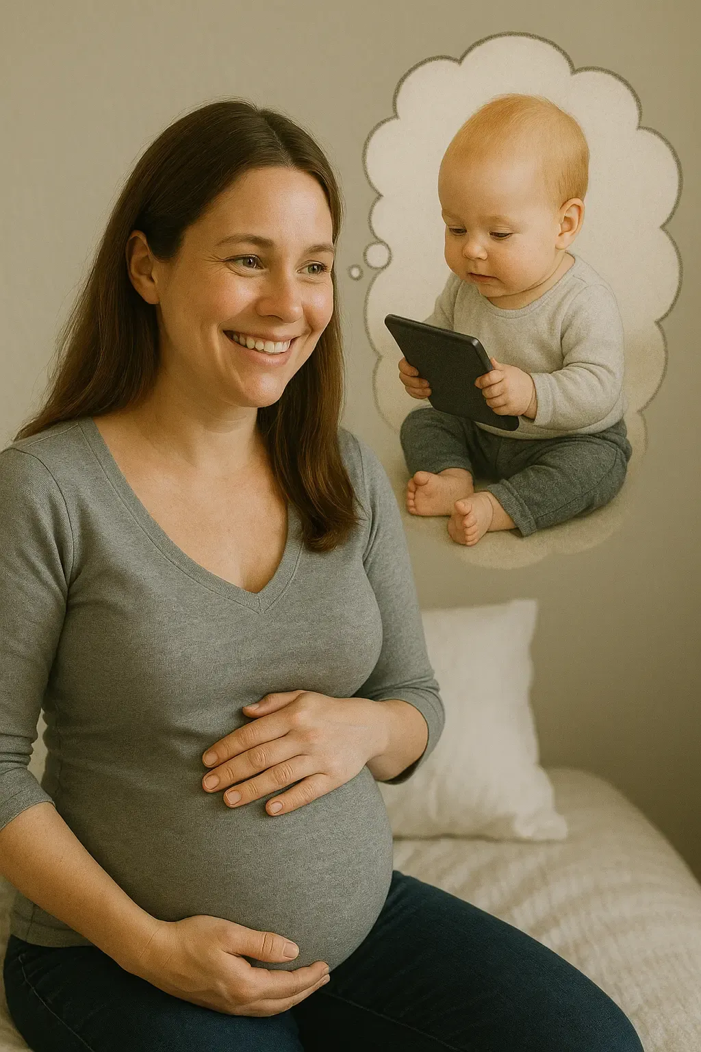 gravid med en tankebubbla med bebis som håller i en surfplatta