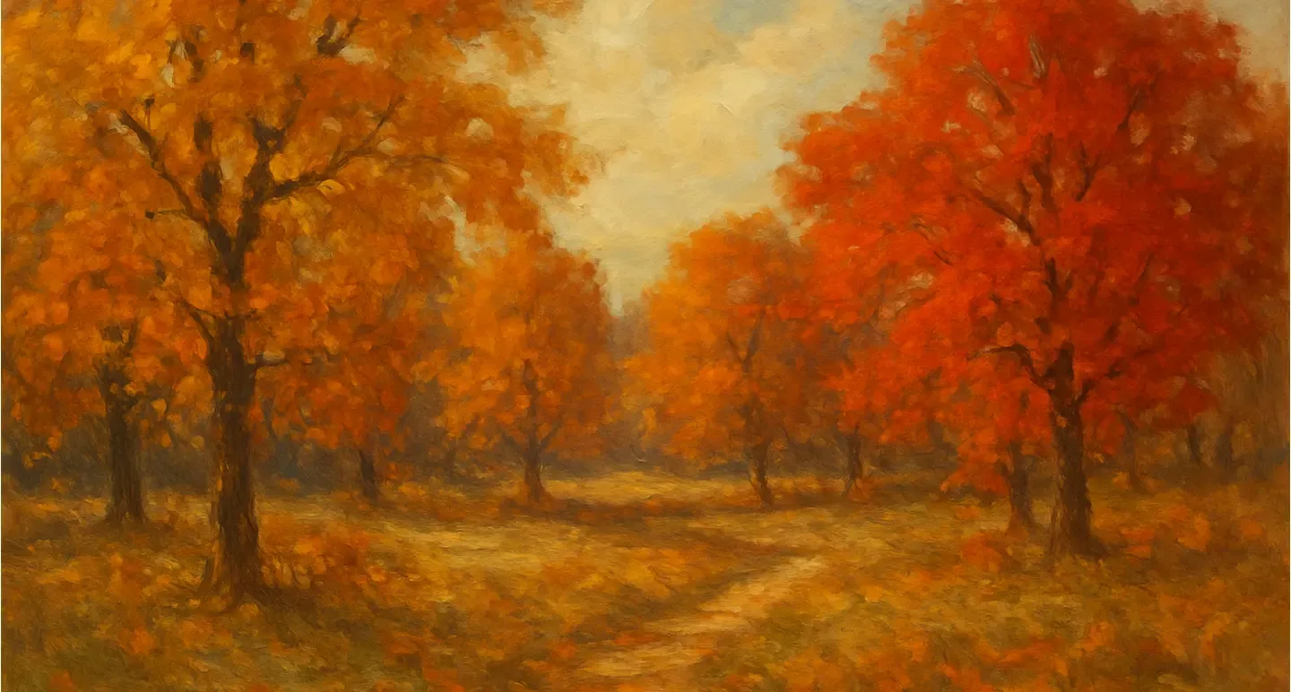 Röd och orange höstskog som en målning.