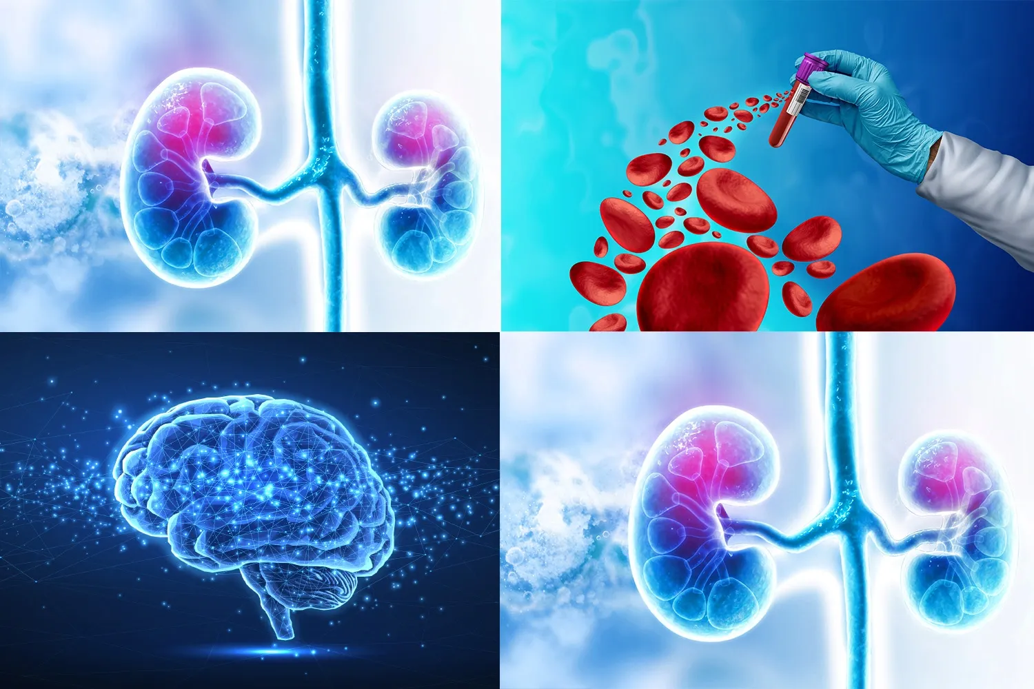 Collage av njurar, blodbiomarkörer och hjärna.