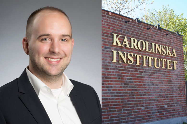 Till vänster en profilbild på Volker Volker Lauschke och till höger en bild på Karolinska Institutets logotyp