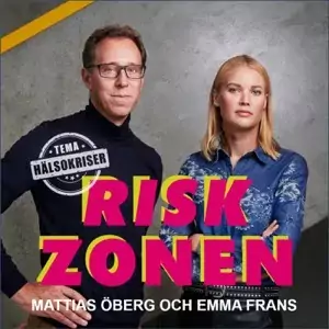 En man och en kvinna tittar in i kamera. Text under i rosa där det står Riskzonen och en stämpel där det står tema hälsokriser