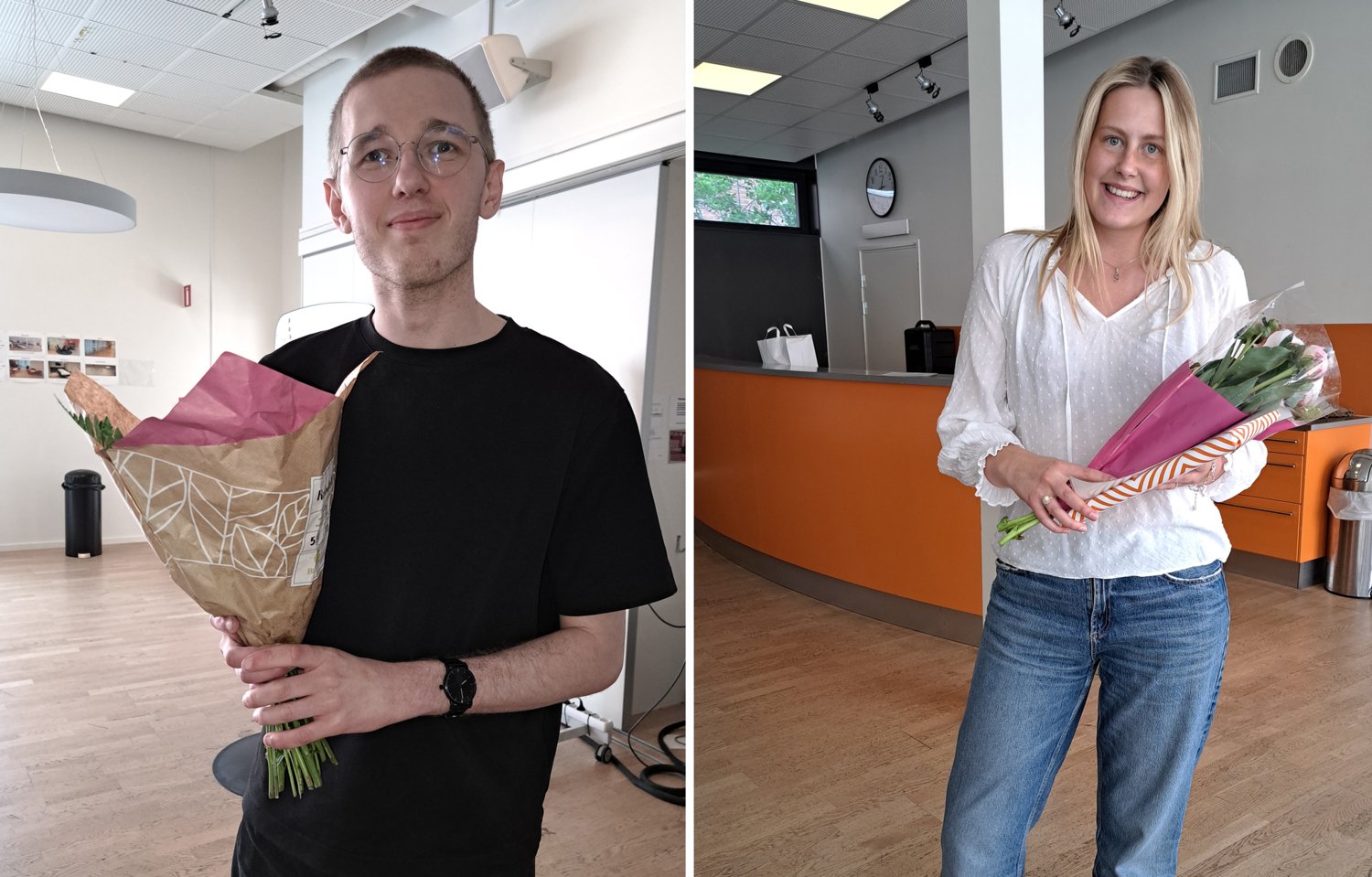 Två porträtt av två läkarstudenter med blommor