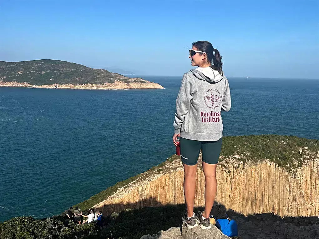 Kvinna iklädd en grå hoodie med KI tryck tittar ut mot havet på ett berg