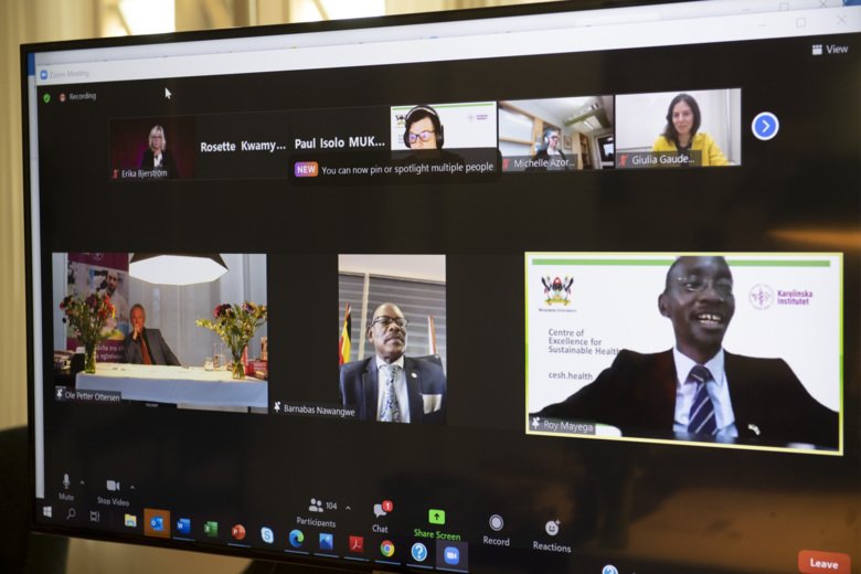 Bild på skärm där zoom-möte med Makerere University hålls.