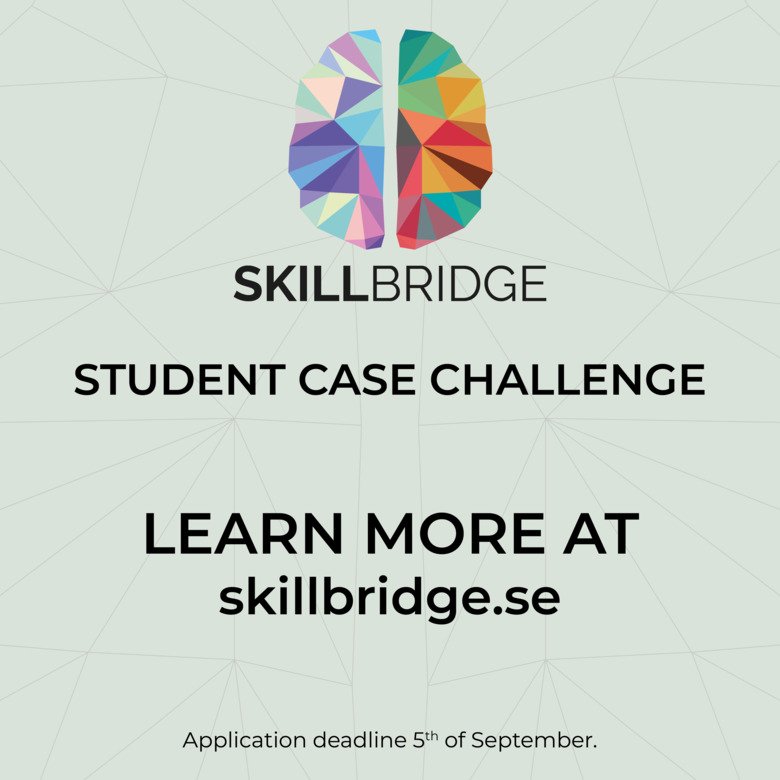 Poster med texten: Skillbridge student case challenge. Learn more at skillbridge.se