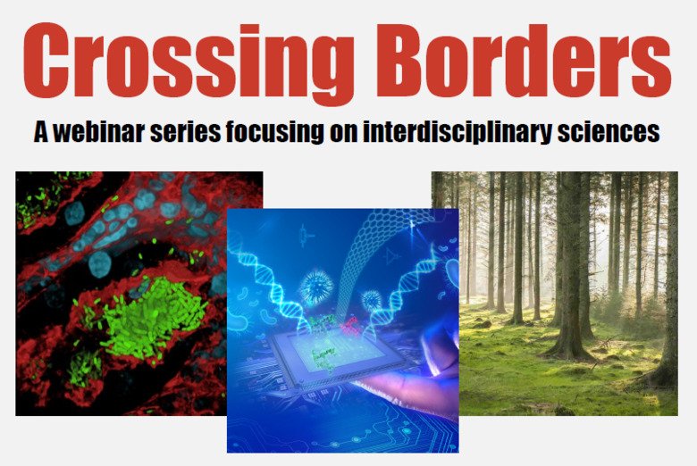 Text: Crossing Boarders, bild på celler och en skog