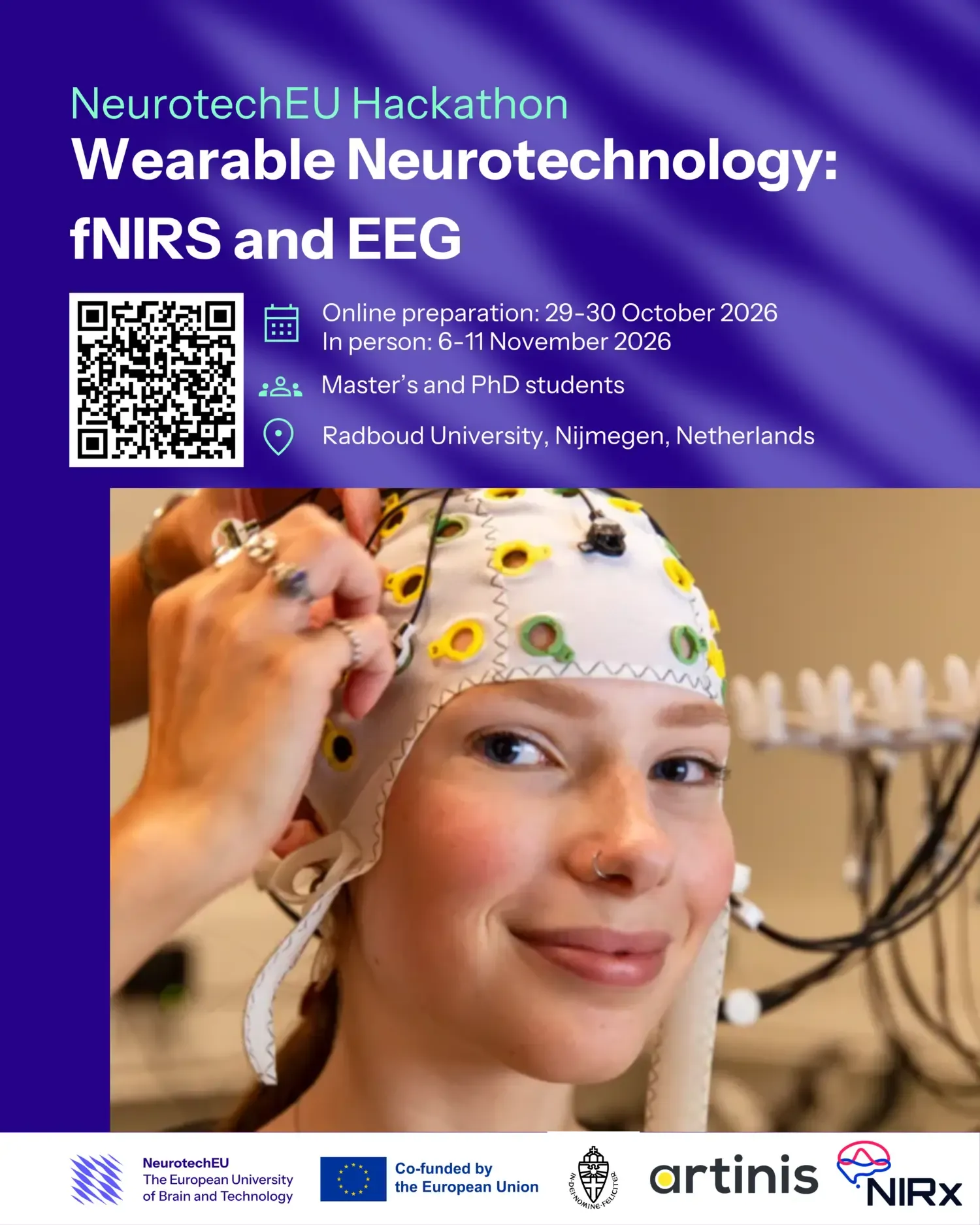 Affisch för hackathonet med en deltagare som bär en NIRS/EEG-headset