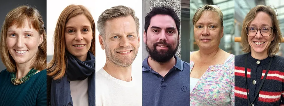 6 porträttbilder på rad föreställande Mottagare av medel för att stärka kopplingen mellan utbildning och forskning. Fr vänster: Sara Windahl, Helen Kaipe, Tommy Lundberg, Rodrigo Morales Castro, Pernilla Lång och Victoria Menéndez Benito.