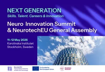 Bild av KIs aula, NeurotechEUs logo, EU-logo och inbjudan till möte i maj