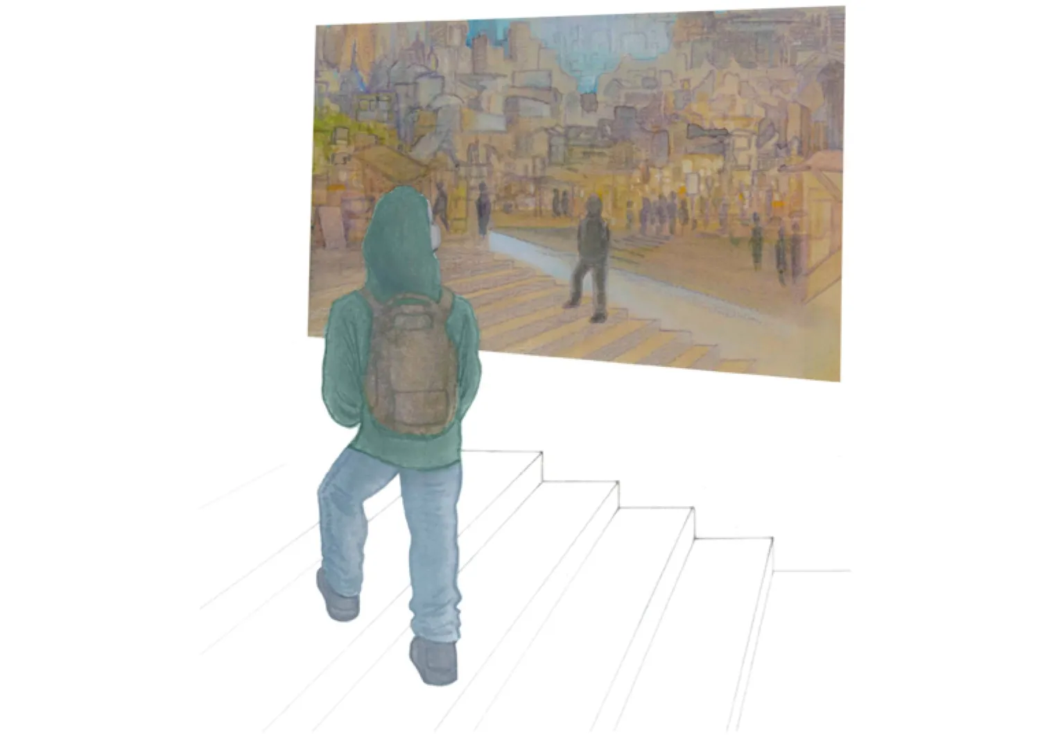 Människa i trappa. Illustration på framsidan av Lovisa Alehagens doktorsavhandling, som används som omslagsbild.