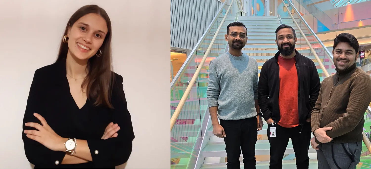 Porträtt av Filipa Rocha ihopklippt med en gruppbild av Mukesh Varshney, forskare vid Labmed, Amit Kumar, forskningsspecialist vid NVS och Avishek Roy, postdoktor vid NVS stående i trappa i NEO.