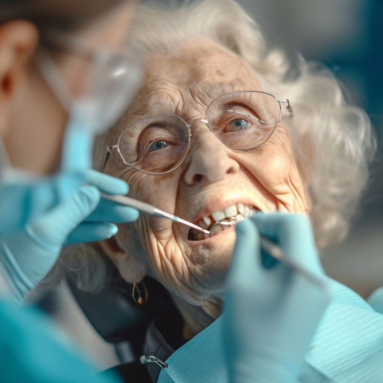 En pensionär kvinna undersöks av tandläkare