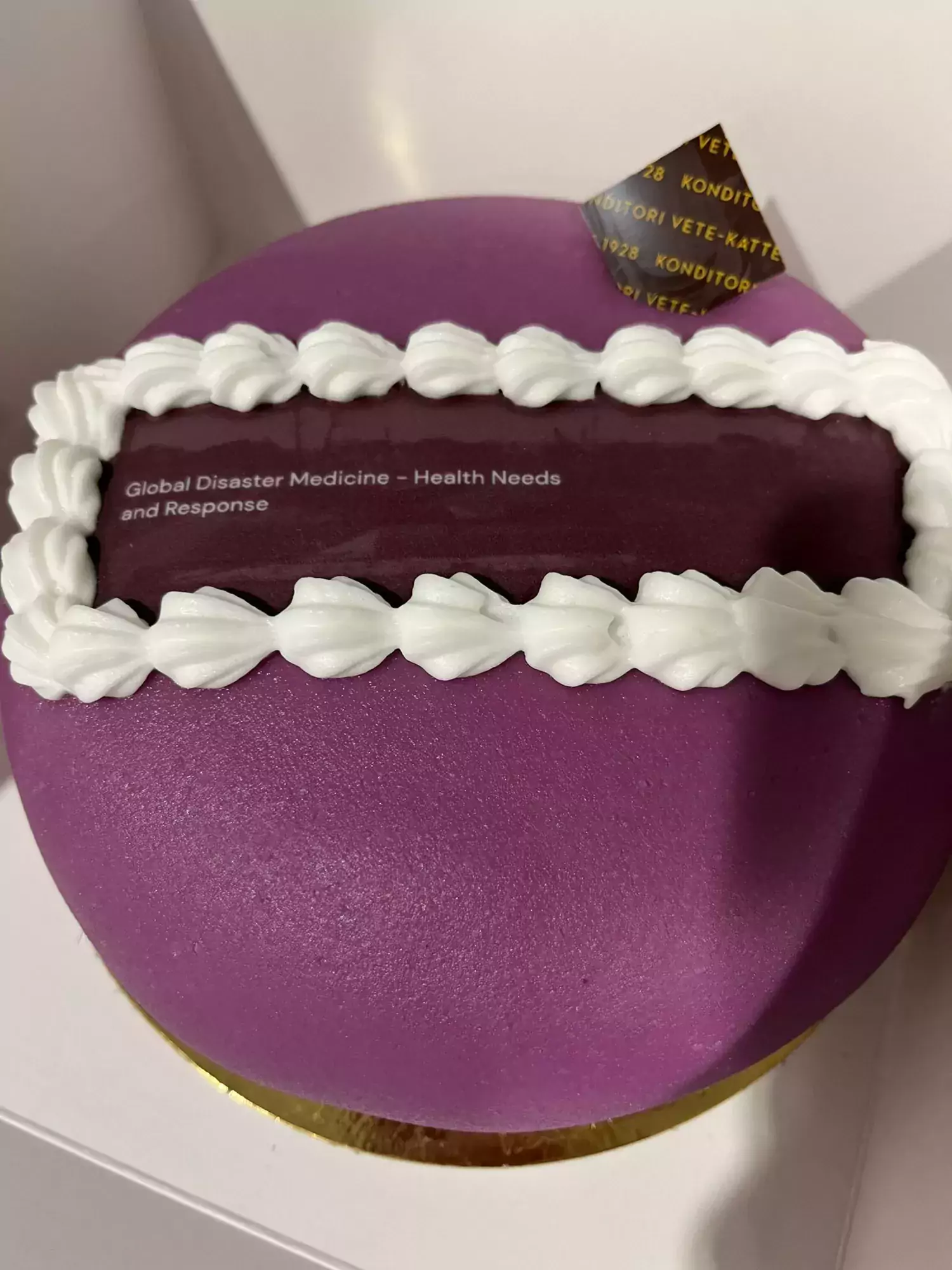 Tårta med lila marsipan och texten Global katastrofmedicin - hälsobehov och insatser